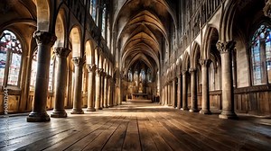 Inside of an ancient gothic cathedral with wooden floor and carved stone columns