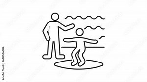 Surfing school animation set. Learn to surf animated line icons. Instructor coach. Summer camp. Beach recreation. Black illustrations on white background. HD video with alpha channel. Motion graphic