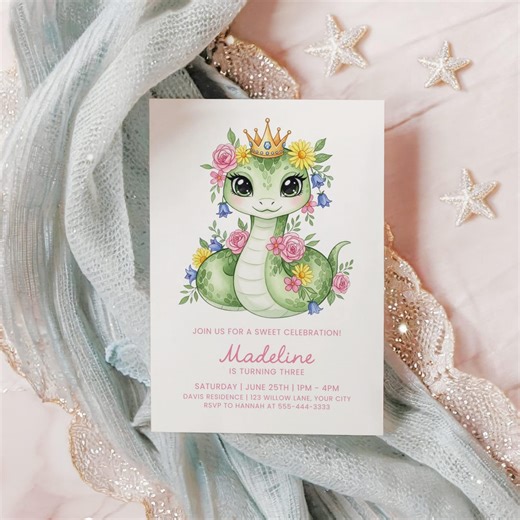 Snake Birthday Invitation Template, Floral Crown, Girl Birthday Party, Reptile Birthday Invite, Cute Snake Birthday, Printable - Etsy