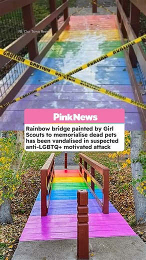 PinkNews on Instagram: "A rainbow bridge created by a Girl Scout troop to memorialise pets that have passed away has been vandalised – and people think anti-LGBTQ+ bigots are behind it. The Biggest Little Rainbow Bridge – located in Crissie Caughlin Park in Reno, Nevada – was created by local Girl Scout Troop 508. The bridge was sadly vandalised, with white paint being poured over the coloured-wood. “I just want to say congratulations to whoever did this. Congratulations on defacing a bridge mad
