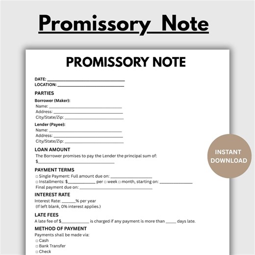 Promissory Note Template, Personal Loan Agreement Form, Printable Loan Contract, Promissory Note for Payment, Editable Canva & MS Word - Etsy