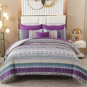 Cottolester Boho Comforter Set Queen Size,8 Piece Bed in a Bag Bohemian Striped Bedding Quilt Set,Purple Paisley Floral Comforter and Sheet Set,Soft Microfiber Complete Bedding Sets for All Season