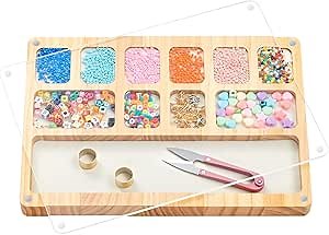 Chunful Beads Sorting Tray with Scoop Wooden Beading Tray with Magnetic Acrylic Lid and Built in Velvet Mat Bead Boards for Jewelry Bracelet Making(11.4 x 8.27 Inch)