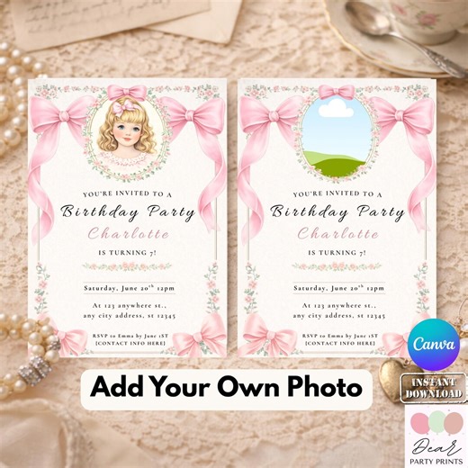 Coquette Bow Invitation Template, Floral Birthday Invitation, Digital Download, Retro Custom Photo Gift, Personalised Gift for Her - Etsy
