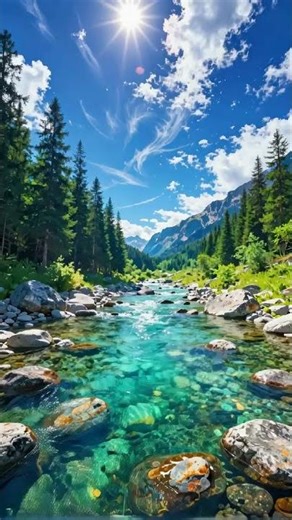 Crystal Clear Stream Amidst Lush Forest Canopies