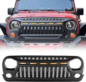 SUNPIE Front Grille with LED Lights Compatible with Jeep Wrangler JK/JK Unlimited 2 Doors 4 Doors 2007 2008 2009 2010 2011 2012 2013 2014 2015 2016 2017, Wrangler Accessories