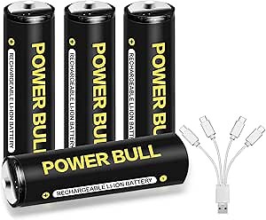 USB AA Battery Lithium, USB AA Rechargeable Batteries 1.5V 3600mWh Performance All-Purpose Pre-Charged Double A Battery with 4-in-1 Charging Cable, 4 Count (AA)