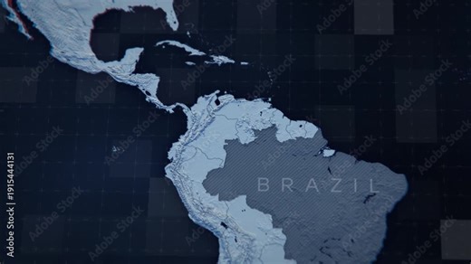 Animated 3D map of Brazil, showing highlighted regions and detailed countries. Motion graphic for cartography, geography, and travel content.