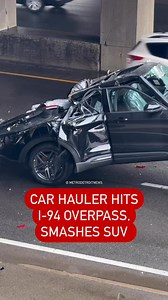 1.5M views · 6.4K reactions | A semi-car hauler was involved in a crash on eastbound I-94 near Livernois in Detroit on Friday afternoon. During the incident, the hauler’s load hit an overpass, causing a Ford Explorer ST to drop from the trailer. No injuries were reported. | Metro Detroit News | Facebook