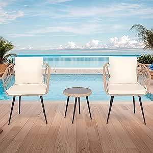 Wicker Front Porch Chairs Set of 2, Balcony Bistro Sets with a Glass Bar Table, 3 Piece Outdoor Patio Set with Pillows/Metal Legs for Backyard, Poolside, Garden (Yellow+White)