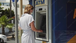 Tourist in medical mask using credit card in atm for cash withdrawal during pandemic. Financial security and banking system concept. Banking service, transfer and cash withdrawal concept.