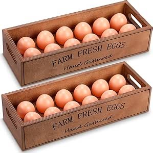 Wenqik 2 Pcs Wooden Egg Holder for Countertop Stackable Egg Crates Rustic Storage Box 24 Fresh Eggs with Handle for Supermarket Farmhouse Rustic Food Shop Kitchen Supplies(Brown Color)