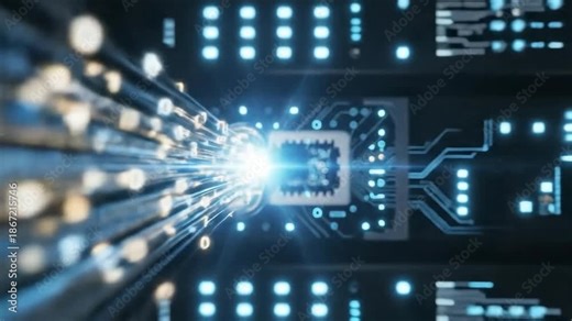 Macro Animation of High Speed Data Transfer through Fiber Optic Cables into CPU