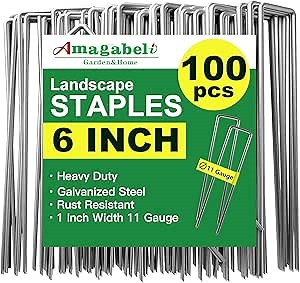 AMAGABELI 6 Inch 100 Pack Galvanized Landscape Staples 11 Gauge Anti-Rust Heavy Duty Garden Stakes Plant Cover Spikes U-Shaped Sod Pins Fence Stakes for Weed Barrier,Irrigation Tubing,Lawns,Decoration