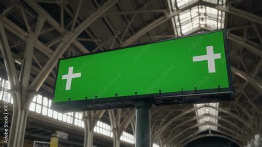 Dynamic green screen billboard for advertising and marketing videos mockup with plus signs in bustling train station, perfect for advertising and customizable messaging solutions