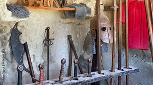 Collection of old medieval arms in the castle of Les Baux de Provence, France
