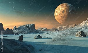 A surreal alien landscape with a large moon and distant mountains under a starry sky.