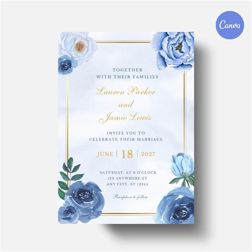 Blue Wedding Invitation, Elegant Blue Floral Wedding Invite With Gold Frame, Printable 5x7 & Phone 1080x1920 - Etsy