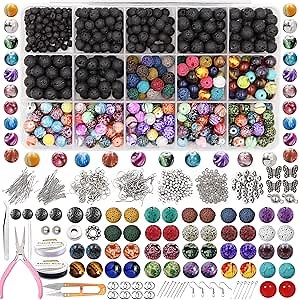 EuTengHao 846Pcs Lava Stone Beads Rock Loose Beads Cloisonne Beads Kit with Ink Patterns Chakra Beads Spacer Pendants Beads for Diffuser Essential Oils Adult DIY Bracelet Jewelry Making Supplies
