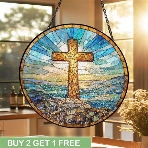 Christian Cross Stained Glass Window Hanging, Religious Faith Home Decor, Spiritual Suncatcher, Easter Gift, Holy Communion Stained Glass - Etsy
