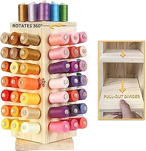 Bazen 360 Fully Rotating Thread Holder With Pull-out Divider Wooden Rack Spool Holder Stand Storage Organizer for Sewing, Quilting, Embroidery, Hair-braiding and Jewelry - 93 Spools