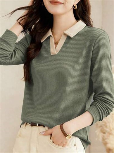 2025 New Autumn Women Polo Collar Long Sleeve T-Shirt, Fashionable Outer Wear Pullover Top Casual Spring | SHEIN