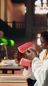 Vertical African american future dentist examines a plastic model of human teeth, studying stomatology practices in the campus library. Male student learns about dentistry or oral health. Camera A.