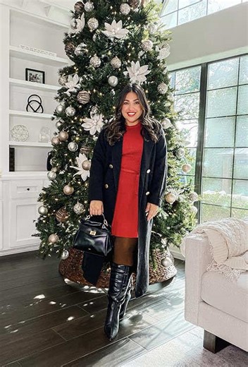 ✨Warm and snatched for the holidays in this red tie dress, fleece lined tights and wide calf tall boots. HOW TO SHOP: You can shop directly under my Amazon Storefront or LTK (link in bio), OR I have the direct URL in my comments for you to copy & paste into your browser! #HolidayStyle #WinterOutfit #HolidayLook #RedDressStyle #FleeceTights @VertVie