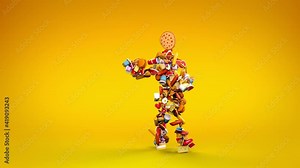 Dancing fast food dishes. Funny animation of unhealthy meals prepared in restaurants, motivation for those who lose weight, mocking and nonsensical scene on a light pastel background.