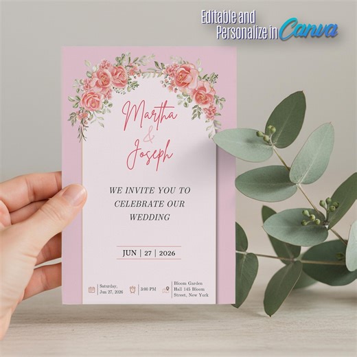 Pink Floral Wedding Invitation Template – Editable Canva Design (instant Download) - Etsy