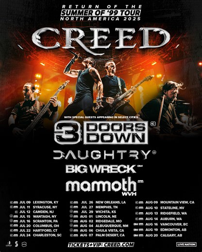 249K views · 2.5K reactions | Creed Nation! 蘭 By popular demand, the Summer of ‘99 Tour is adding MORE dates for 2025! Joining us are 3 Doors Down, Daughtry, Big Wreck and MammothWVH. Sign up for the presale access here: https://creed.os.fan/presaleaccess | Creed | Facebook