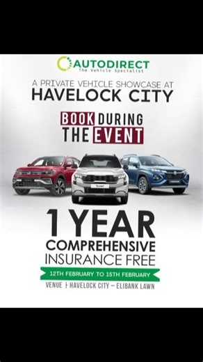 AutoDirect brings a private vehicle showcase to Havelock City where you can explore brand new arrivals, compare options, and get real-time guidance all in one place. From on-the-spot bank and finance approvals to trade-in options, our team is here to make your car buying journey smooth and stress-free. Plus, drive away with peace of mind knowing you get a 1-year comprehensive warranty FREE from AutoDirect. 📍 Havelock City Elibank Lawn 🗓 12th to 15th February 2026 ⏰ 9.00 AM to 7.00 PM Visit us 