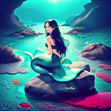 1K views · 216 reactions | Beautiful mermaid, long black hair, sea green tail, perched on a rock in a tide pool. | Pam's Gifs and Videos | Facebook