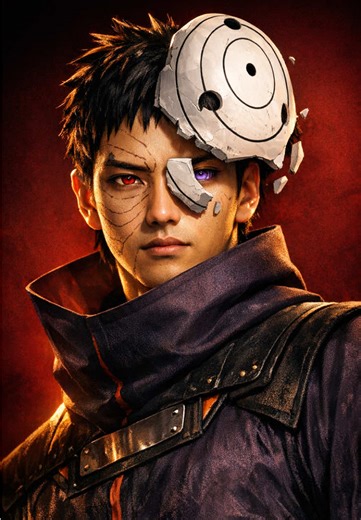 Buat saya memakai kostum uchiha obito dari anime naruto, termasuk desain accesories dan pakaian yang di kenakan uchiha obito di dalam anime naruto. Buatkan pose nya yang sama seperti digambar Characterized by striking cinematic lighting and intense contrast. Shot from a slightly low, upward-facing angle that dramatizes the subject's jawline and neck, this composition evokes quiet dominance and sculpted elegance. The background is a deep, saturated, dark red, creating a bold visual clash with the