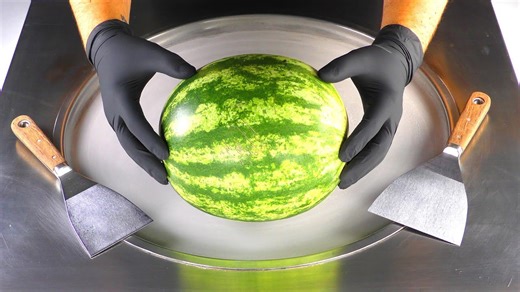 ASMR - Watermelon Ice Cream Rolls how to make Ice Cream out of a Melon - relaxing Sound Food Video