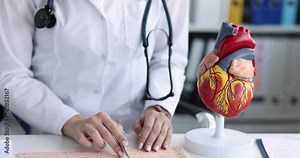 Doctor cardiologist examining electrocardiogram on background of artificial model of heart 4k movie slow motion. ECG diagnosis of rhythm and conduction disorders concept