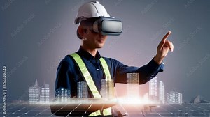 A young construction worker wearing a hard hat and safety vest uses a VR headset and digital tablet to interact with a 3D city model.