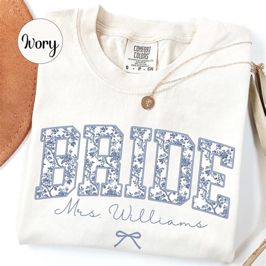 Custom Bride Shirt Blue Toile, Personalized Mrs Name Bridal Shower Gift, Chinoiserie Bride Tee, Engagement Day Getting Ready, Bachelorette - Etsy