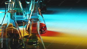 Colorful liquids in laboratory glassware. Beakers and flasks in the lab.