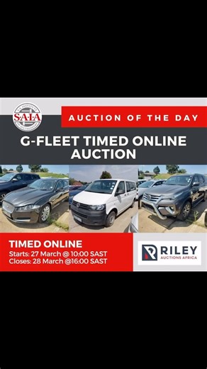GFLEET TIMED ONLINE AUCTION Auctioneer: Riley Auctions Africa Bidding starts: 27 March @ 10:00 SAST Bidding closes: 28 March @ 16:00 SAST . Viewing: By appointment only 25-26 March Venue: 76 Boeing Road East, Bedfordview. . VIEW, REGISTER, AND BID : https://www.riley.africa/ . CONTACT: ☎️ Office: 011 440 5663 ☎️ Sinovuyo: 0677056015 . T’s & C’s: 📌 R10,000 Registration Deposit 📌 FICA documents 📌 Buyers Commission: 3.5% ex vat 📌 All vehicles are sold as is . The rules of this auction comply wi