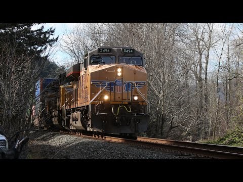 Union Pacific #5494 stack train ripping through Multnomah Falls, Columbia River Gorge, OR.