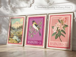 Washington State Stamp Art Print Set: Mount Rainier, Rhododendron, Goldfinch - Etsy