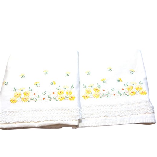 Pair of Vintage Embroidered Pillowcases With Yellow and Green Flowers White Trim Cotton - Etsy