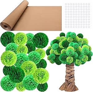Classroom Tree Bulletin Board Set DIY 3D Cardboard Tree with Paper Pom Poms Kraft Craft Bulletin Board Wall 3D Decorations for School Elementary Teacher Chalkboard (Green,8, 10, 12 Inch)