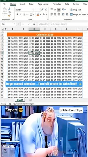Create 2026 Calendar in Excel Automatically 📅 | SEQUENCE Formula Trick