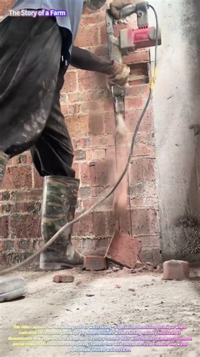 Masterful craftsmanship:Workers use electric chisels to carve vertical grooves into the brick wall !
