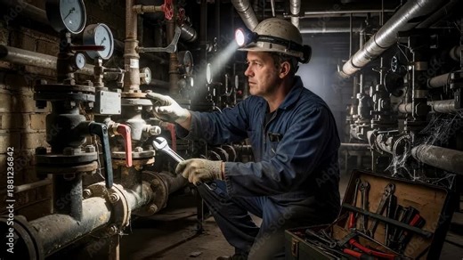 Plumber repairing water pipe with wrench in building basement. Man working on plumbing system maintenance.