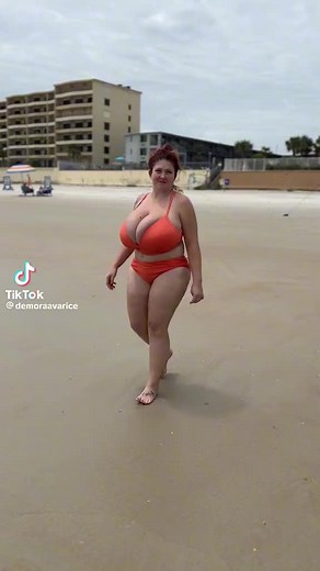 Beach Walk in Bright Orange Bikini and Tattoo