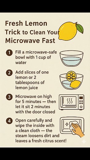 Here’s an easy microwave cleaning hack using lemon 🍋✨ 1️⃣ Fill a microwave-safe bowl with 1 cup of water. 2️⃣ Add slices of one lemon or 2 tablespoons of lemon juice. 3️⃣ Microwave on high for 5 minutes then let it sit 2 minutes with the door closed. 4️⃣ Open carefully and wipe the inside with a clean cloth the steam loosens dirt and leaves a fresh citrus scent #CleaningHack #MicrowaveCleaning #LemonHack #HomeTips #KitchenHacks #EasyCleaning #NaturalCleaning #FreshHome #DIYCleaning #CleanWithLe