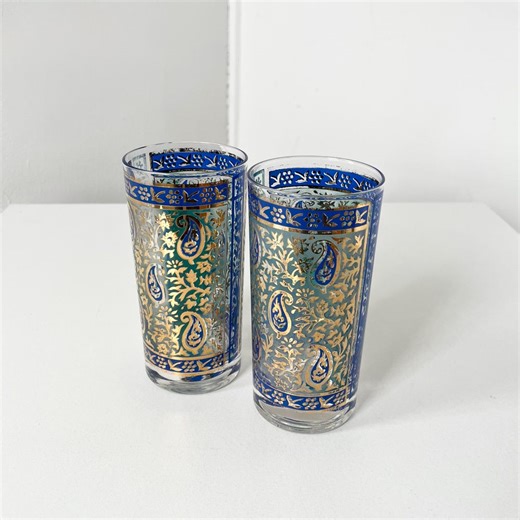 Georges Briard Sari Paisley Highball Glasses-22k Gold & Blue - Pair Mid Century Cocktail Glasses - Etsy